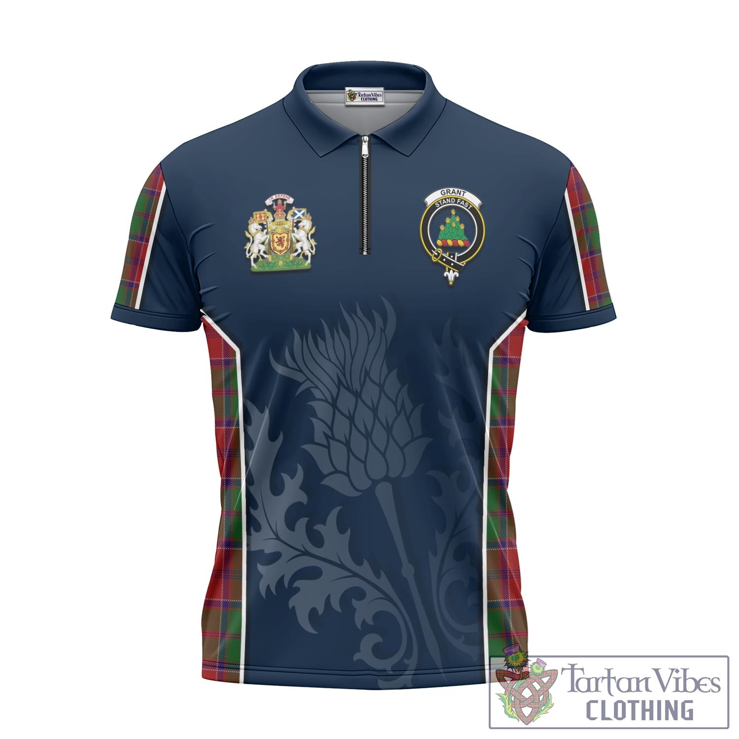 Tartan Vibes Clothing Grant Tartan Zipper Polo Shirt with Family Crest and Scottish Thistle Vibes Sport Style