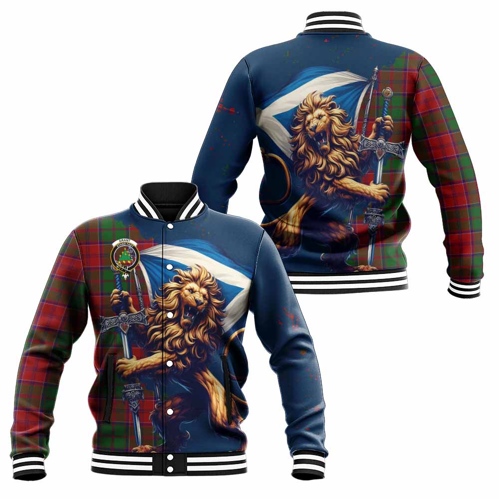 Tartan Vibes Clothing Grant Tartan Family Crest Baseball Jacket with Scottish Majestic Lion