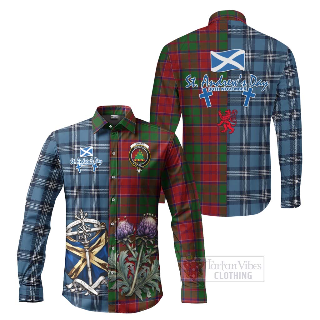 Tartan Vibes Clothing Grant Tartan Long Sleeve Button Shirt Happy St. Andrew's Day Half Tartan Style