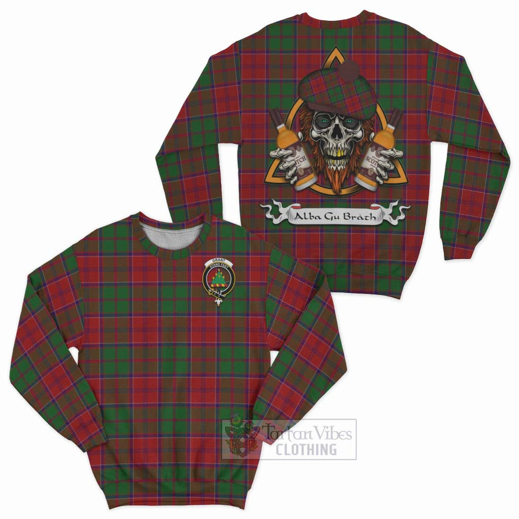 Tartan Vibes Clothing Grant Tartan Sweatshirt with Family Crest and Bearded Skull Holding Bottles of Whiskey