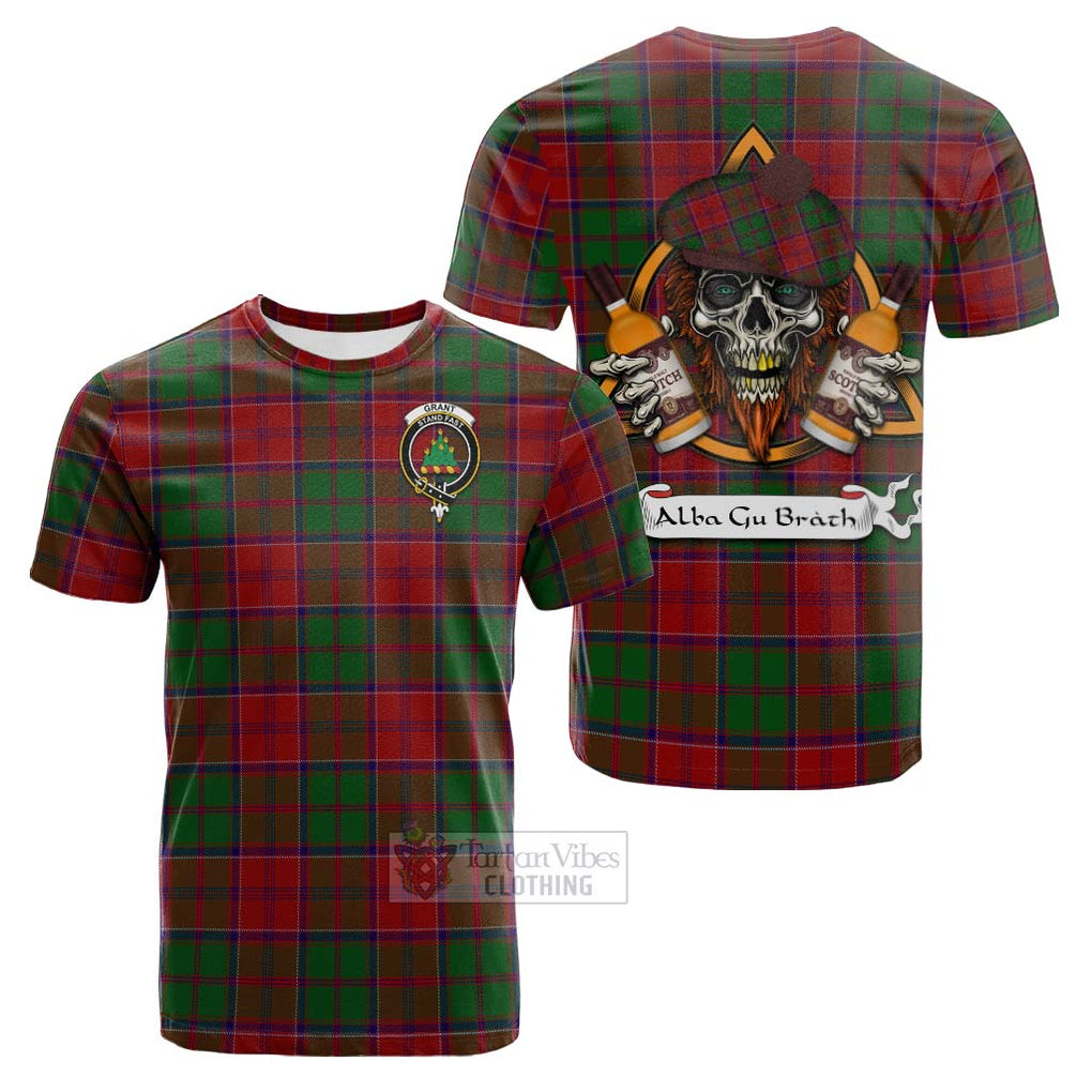 Tartan Vibes Clothing Grant Tartan Cotton T-shirt with Family Crest and Bearded Skull Holding Bottles of Whiskey