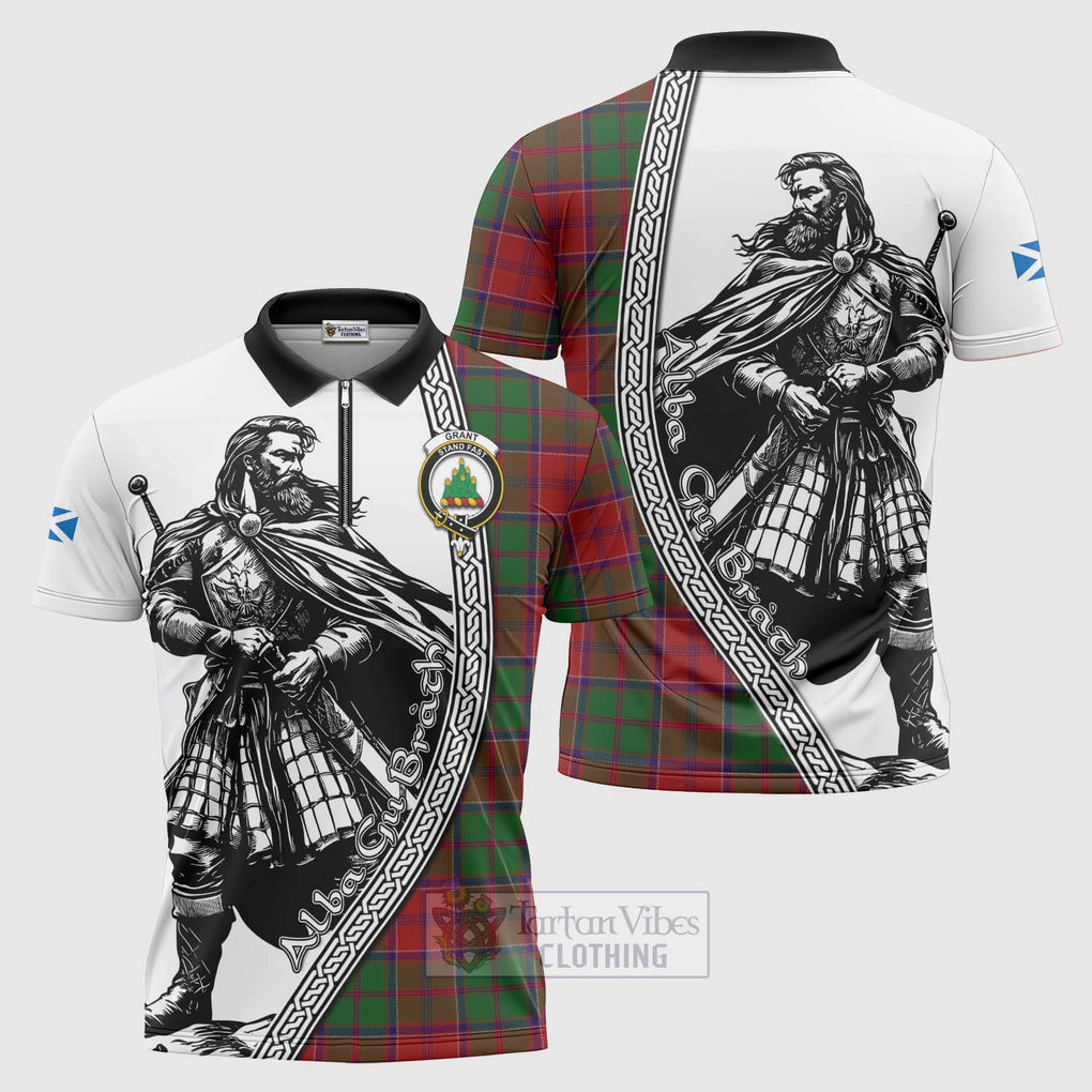 Tartan Vibes Clothing Grant Tartan Clan Crest Zipper Polo Shirt with Highlander Warrior Celtic Style