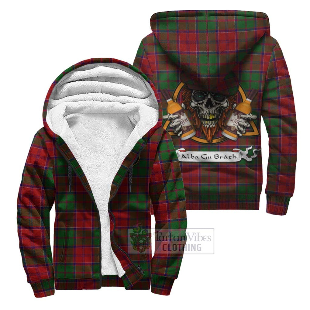 Tartan Vibes Clothing Grant Tartan Sherpa Hoodie with Family Crest and Bearded Skull Holding Bottles of Whiskey