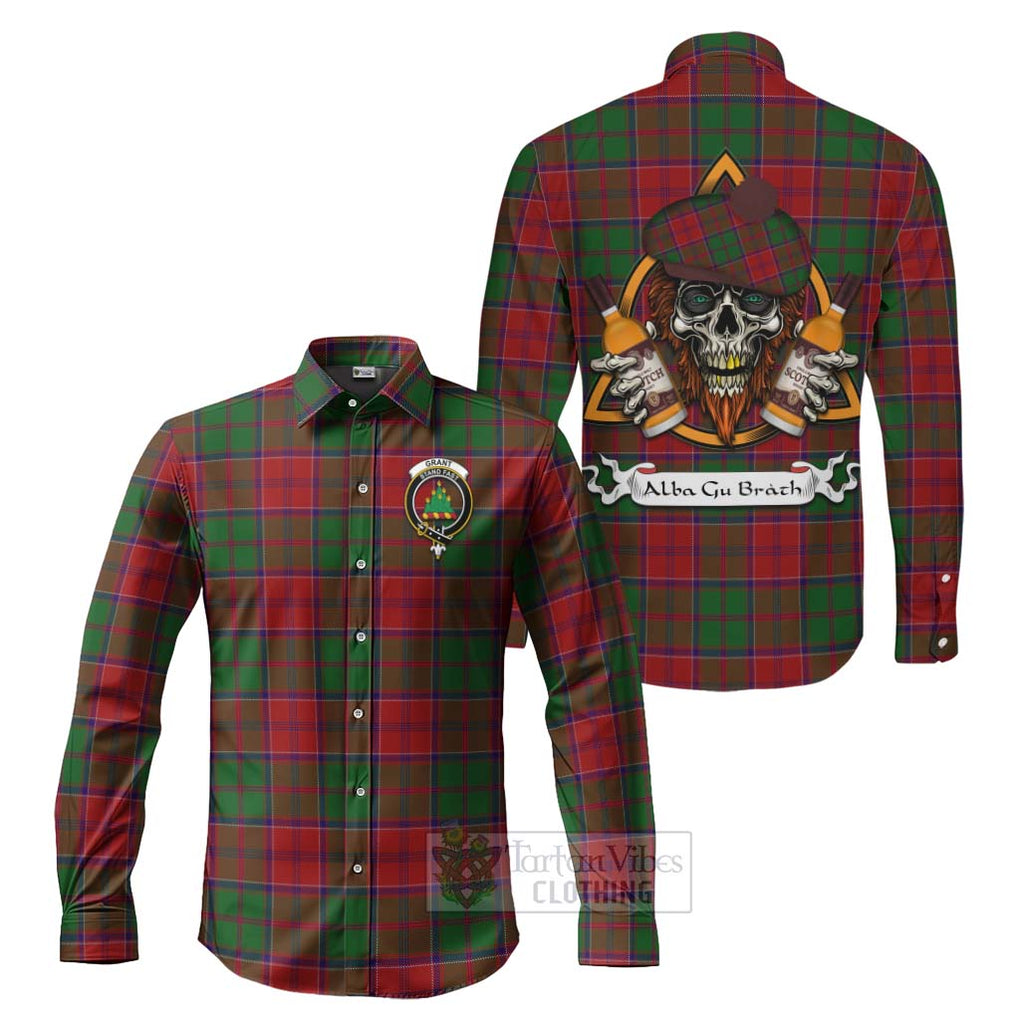 Tartan Vibes Clothing Grant Tartan Long Sleeve Button Shirt with Family Crest and Bearded Skull Holding Bottles of Whiskey