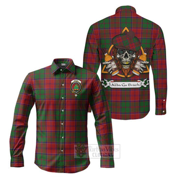 Grant Tartan Long Sleeve Button Shirt with Family Crest and Bearded Skull Holding Bottles of Whiskey