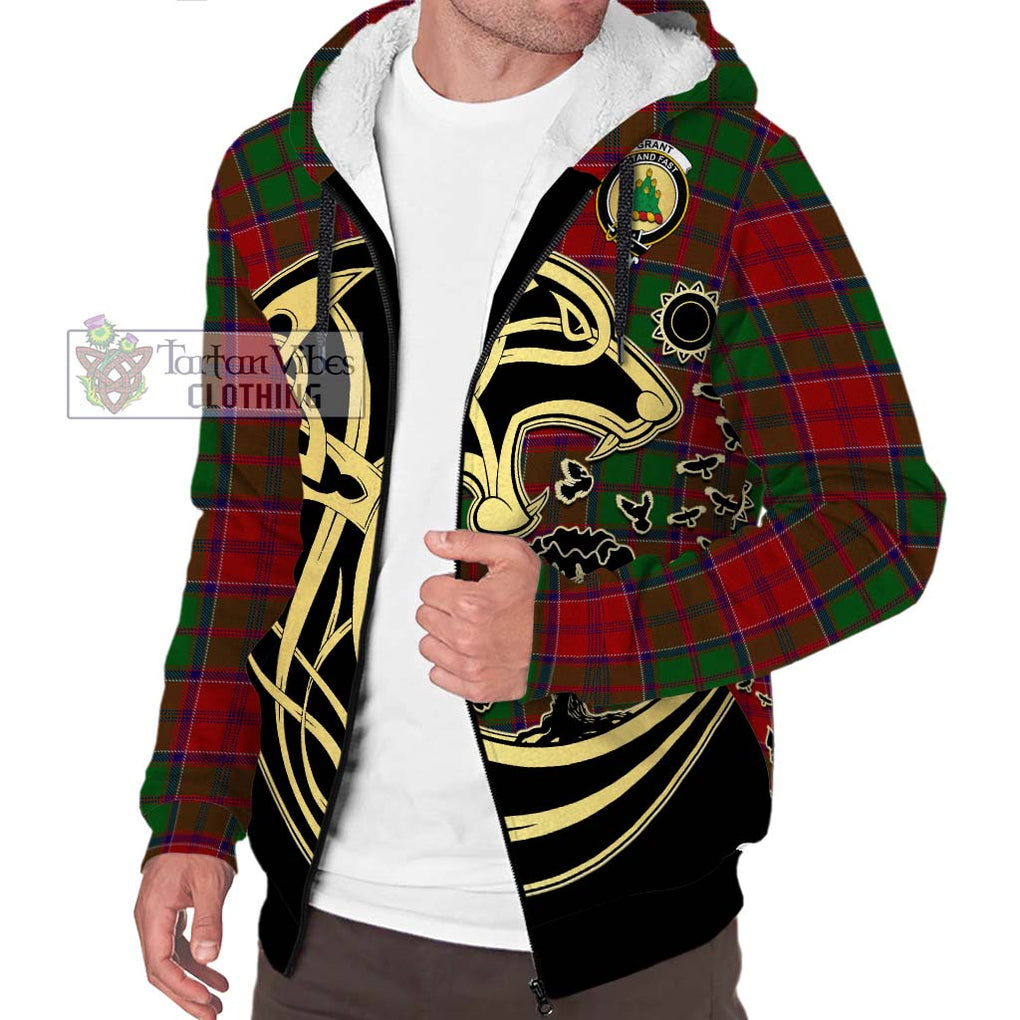 Grant Tartan Sherpa Hoodie with Family Crest Celtic Wolf Style Unisex S - Tartan Vibes Clothing