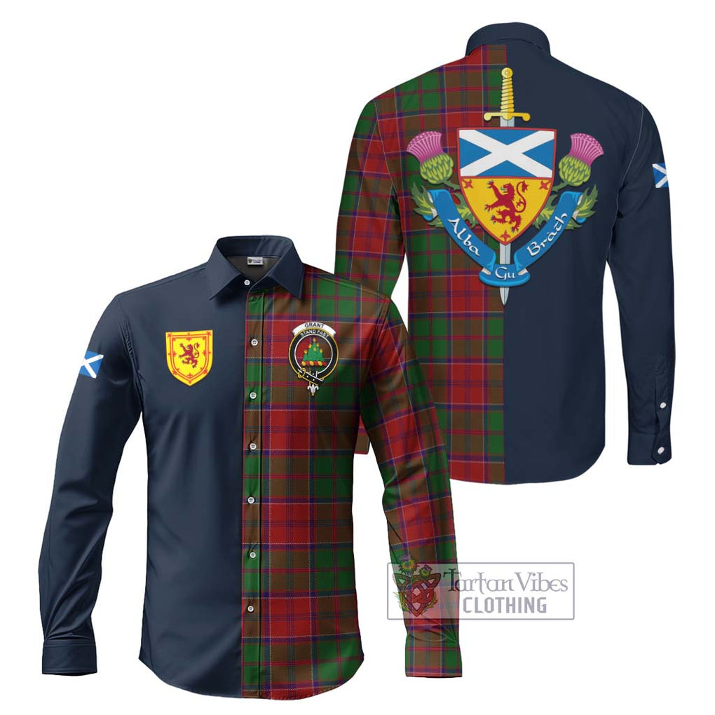 Tartan Vibes Clothing Grant Tartan Long Sleeve Button Shirt with Scottish Lion Royal Arm Half Style