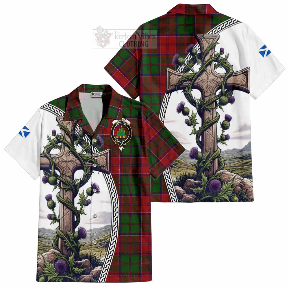 Tartan Vibes Clothing Grant Tartan Short Sleeve Button Shirt with Family Crest and St. Andrew's Cross Accented by Thistle Vines