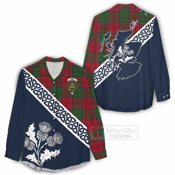 Grant Tartan Women's Casual Shirt Featuring Thistle and Scotland Map