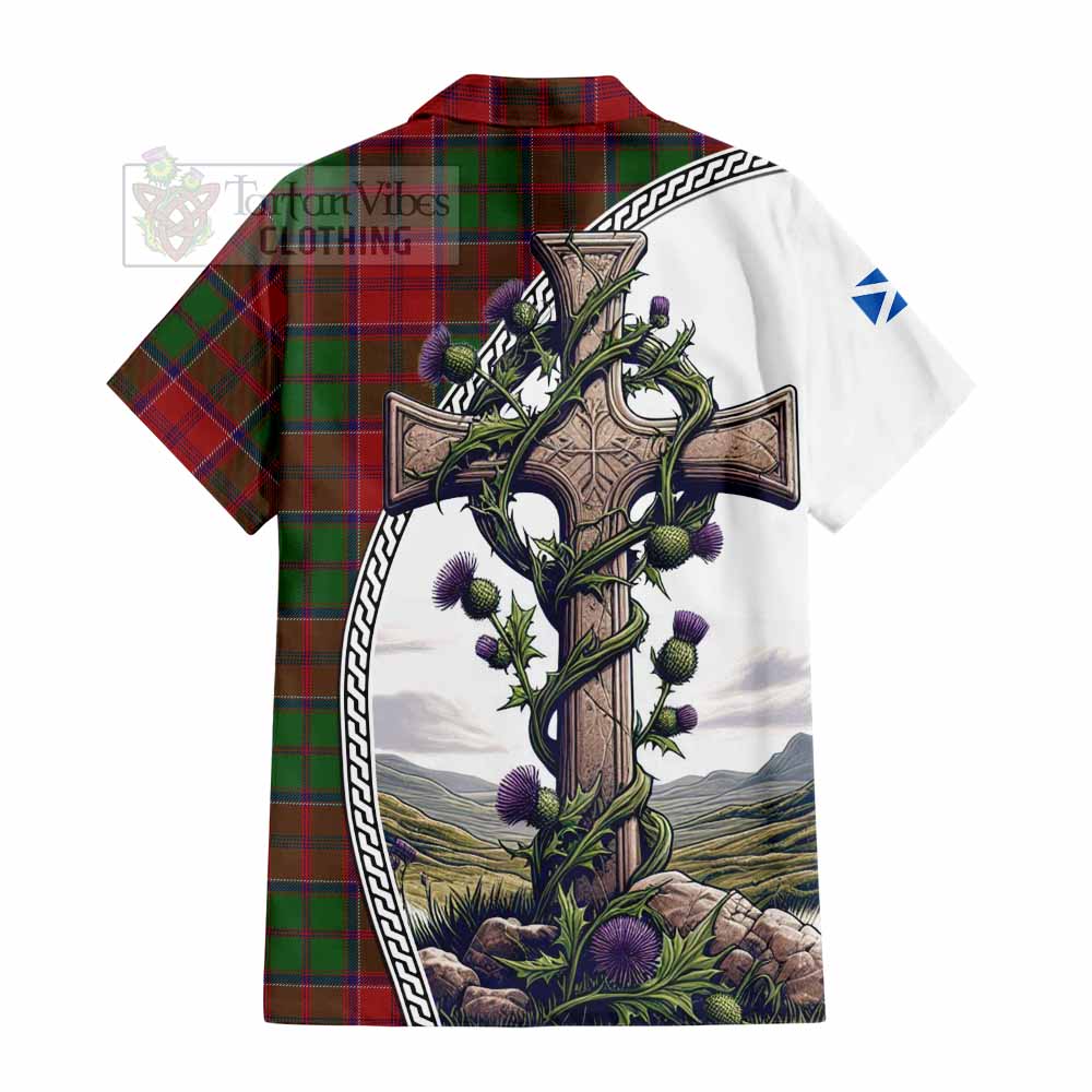 Tartan Vibes Clothing Grant Tartan Short Sleeve Button Shirt with Family Crest and St. Andrew's Cross Accented by Thistle Vines