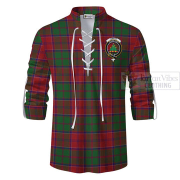 Grant Tartan Ghillie Kilt Shirt with Family Crest and Bearded Skull Holding Bottles of Whiskey