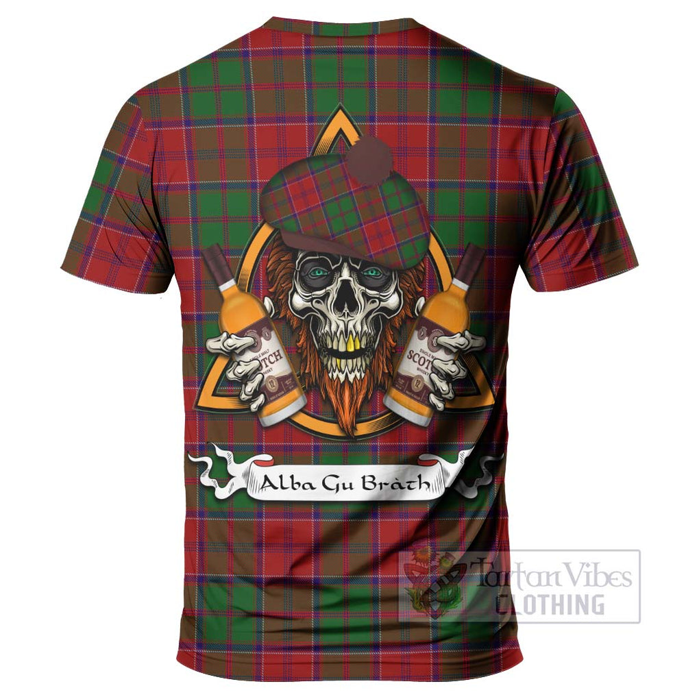 Tartan Vibes Clothing Grant Tartan T-Shirt with Family Crest and Bearded Skull Holding Bottles of Whiskey