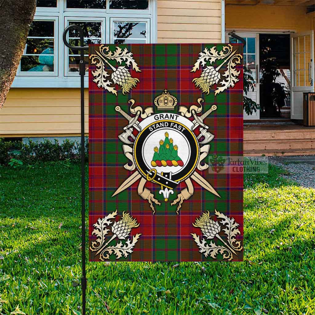 Tartan Vibes Clothing Grant Tartan Flag with Family Crest and Golden Thistle Crossed Sword Design