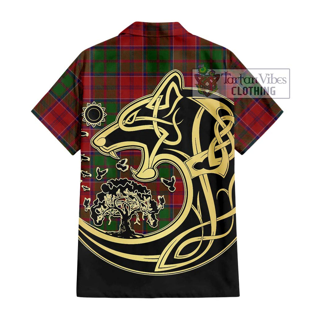 Grant Tartan Short Sleeve Button Shirt with Family Crest Celtic Wolf Style - Tartan Vibes Clothing