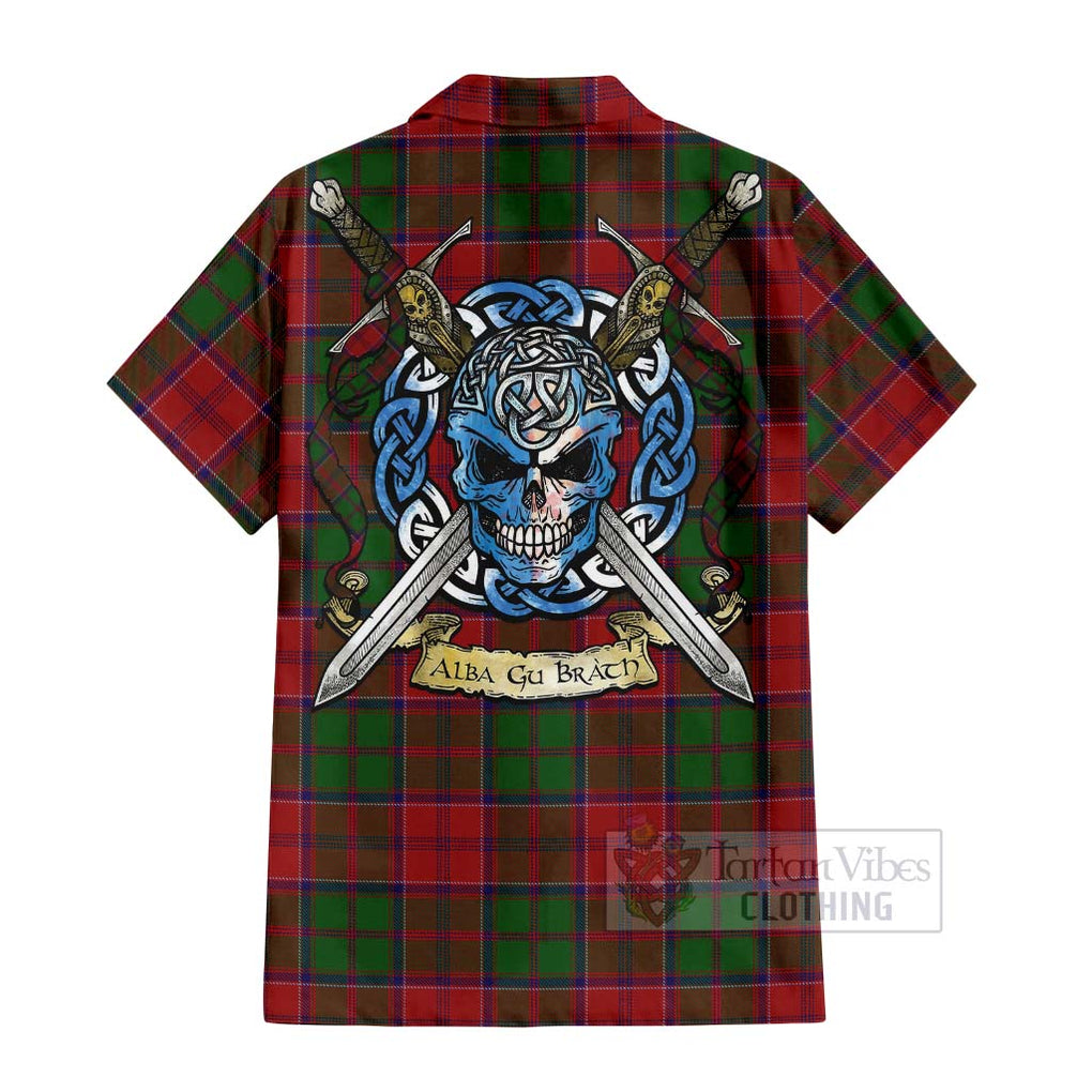 Tartan Vibes Clothing Grant Tartan Short Sleeve Button Shirt with Family Crest Celtic Skull Style