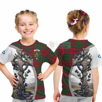 Grant Tartan Kid T-Shirt with Family Crest and St. Andrew's Cross Accented by Thistle Vines - Tartan Vibes Clothing