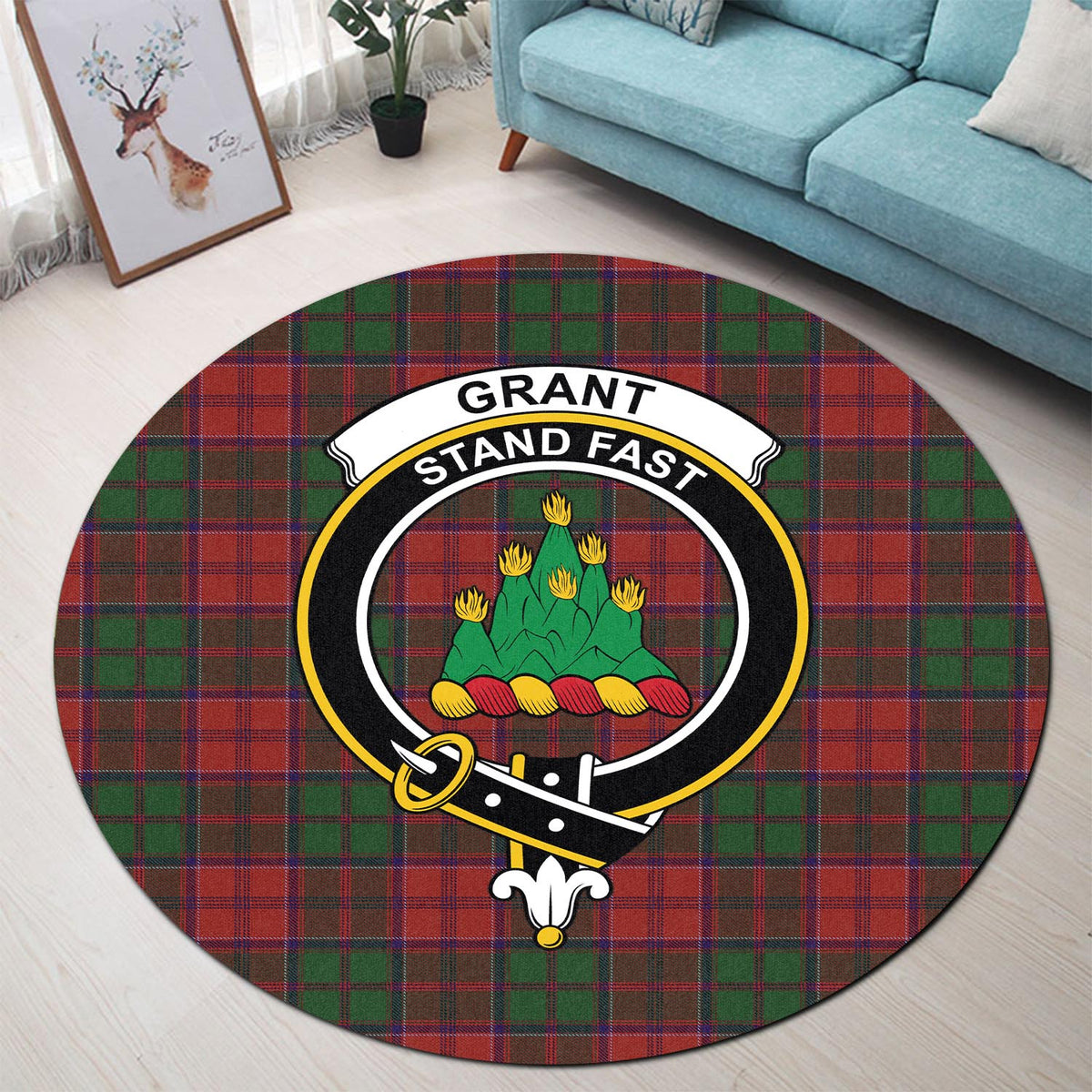 Grant Tartan Round Rug with Family Crest - Tartan Vibes Clothing