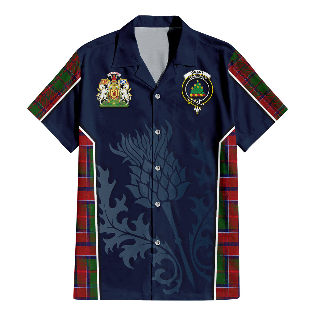 Tartan Vibes Clothing Grant Tartan Short Sleeve Button Up Shirt with Family Crest and Scottish Thistle Vibes Sport Style