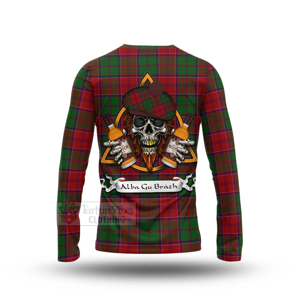 Tartan Vibes Clothing Grant Tartan Long Sleeve T-Shirt with Family Crest and Bearded Skull Holding Bottles of Whiskey