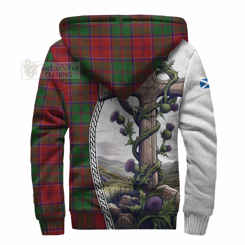 Tartan Vibes Clothing Grant Tartan Sherpa Hoodie with Family Crest and St. Andrew's Cross Accented by Thistle Vines