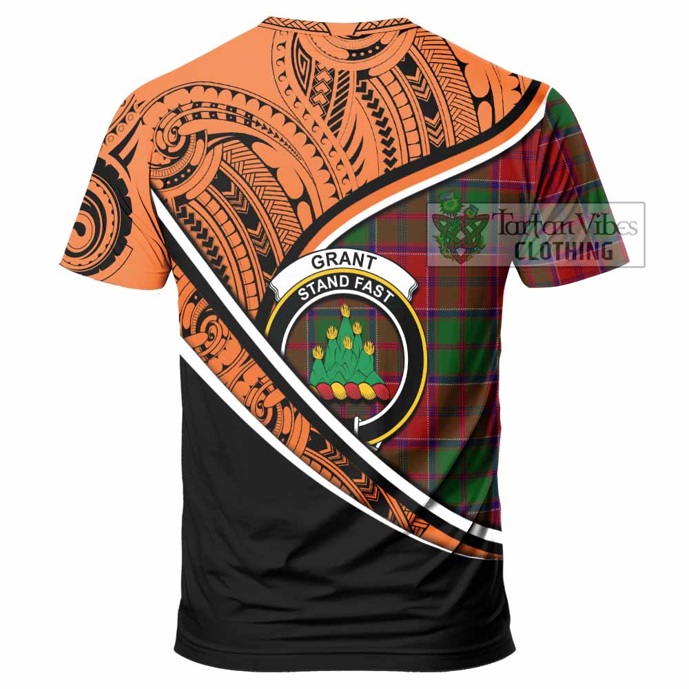 Tartan Vibes Clothing Grant Crest Tartan T-Shirt with Maori Tattoo Style - Orange Version