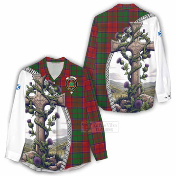 Grant Tartan Women's Casual Shirt with Family Crest and St. Andrew's Cross Accented by Thistle Vines