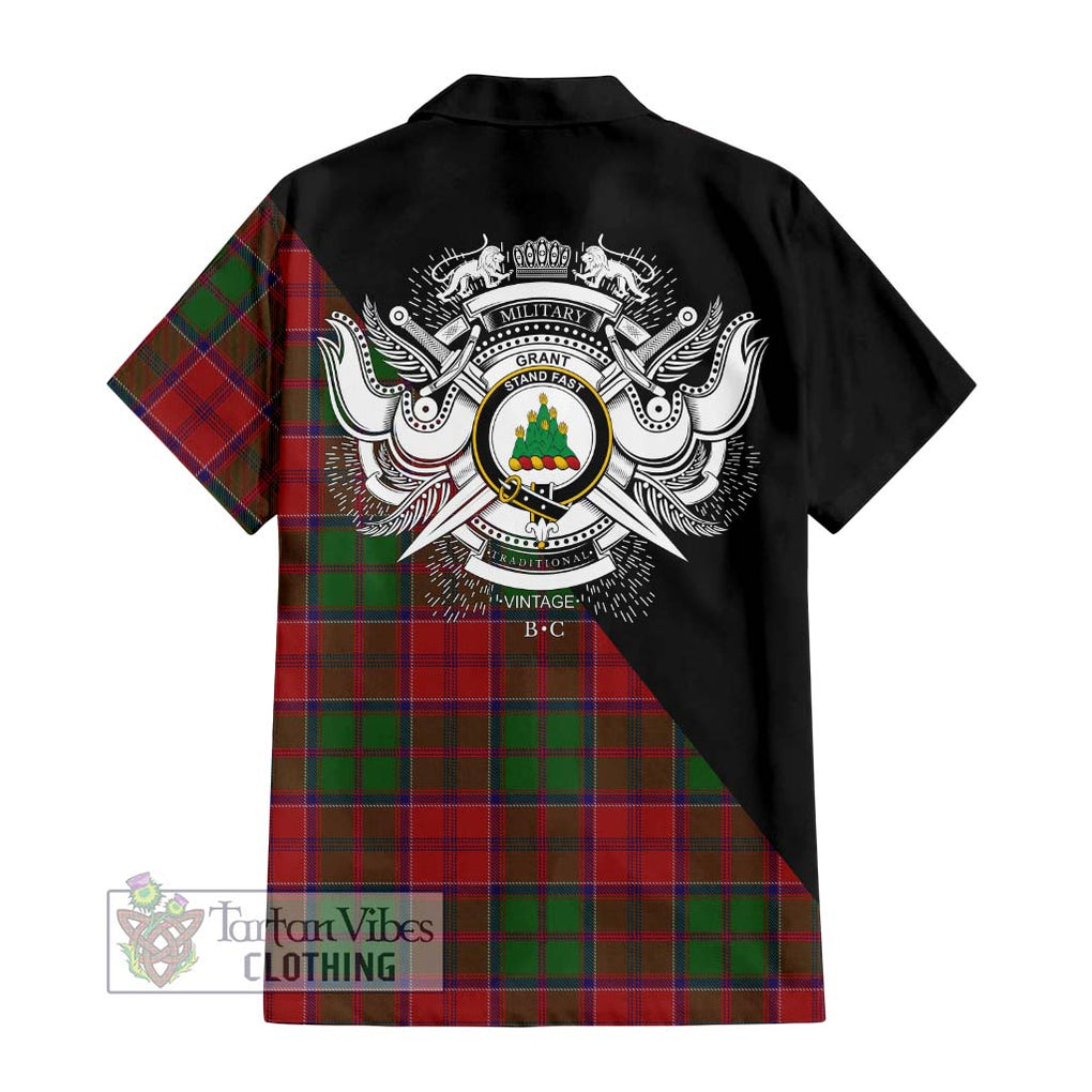 Grant Tartan Short Sleeve Button Shirt with Family Crest and Military Logo Style - Tartanvibesclothing Shop