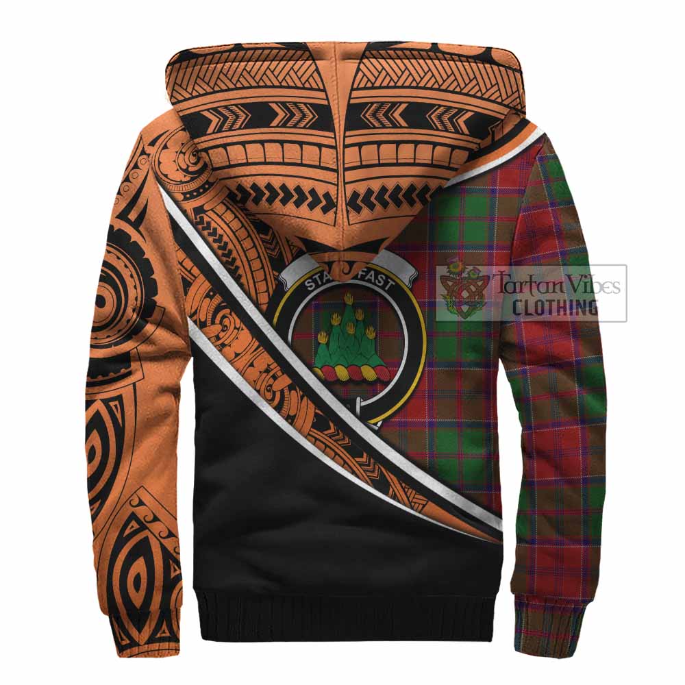 Tartan Vibes Clothing Grant Crest Tartan Sherpa Hoodie with Maori Tattoo Style - Orange Version