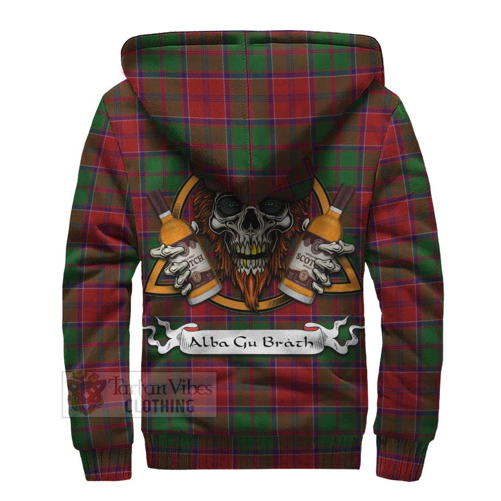 Tartan Vibes Clothing Grant Tartan Sherpa Hoodie with Family Crest and Bearded Skull Holding Bottles of Whiskey