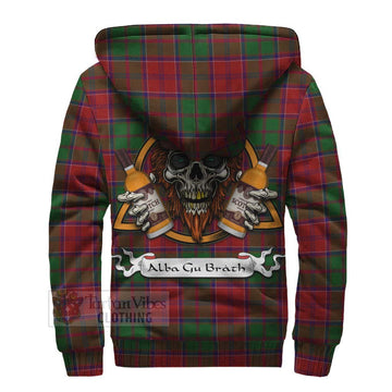 Grant Tartan Sherpa Hoodie with Family Crest and Bearded Skull Holding Bottles of Whiskey