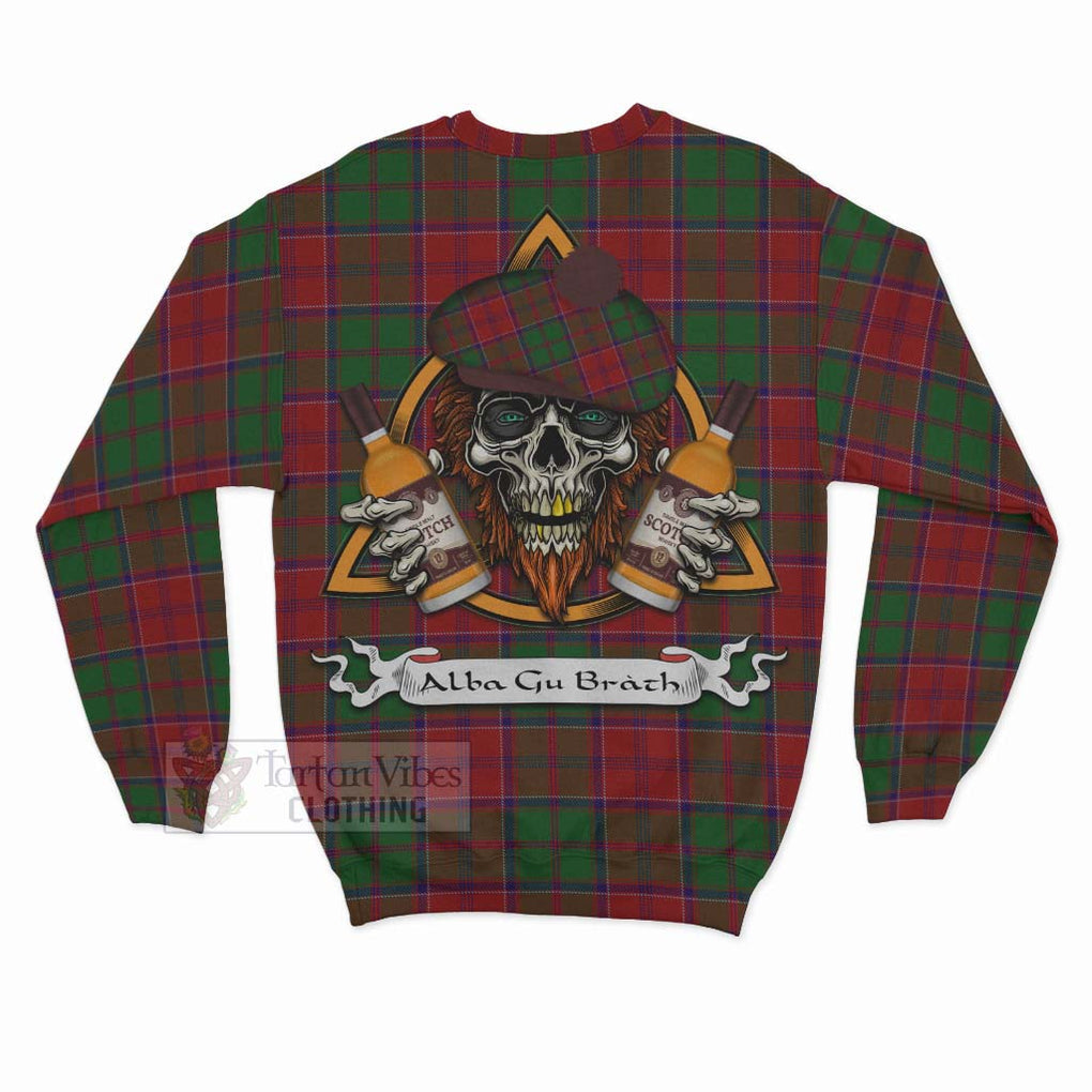 Tartan Vibes Clothing Grant Tartan Sweatshirt with Family Crest and Bearded Skull Holding Bottles of Whiskey