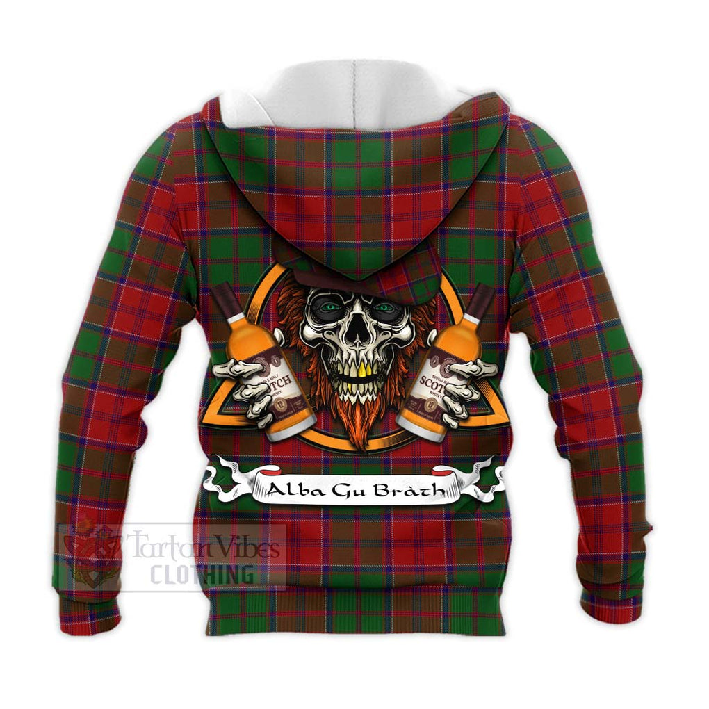 Tartan Vibes Clothing Grant Tartan Knitted Hoodie with Family Crest and Bearded Skull Holding Bottles of Whiskey