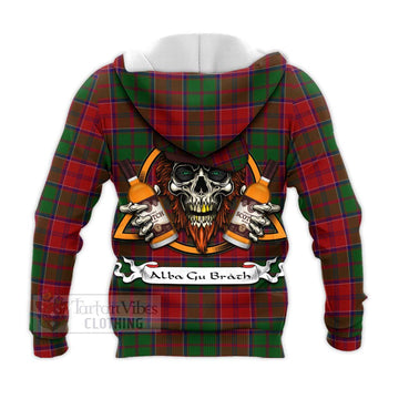 Grant Tartan Knitted Hoodie with Family Crest and Bearded Skull Holding Bottles of Whiskey