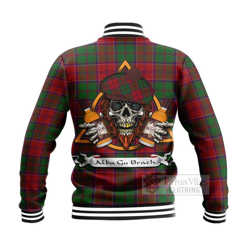 Tartan Vibes Clothing Grant Tartan Baseball Jacket with Family Crest and Bearded Skull Holding Bottles of Whiskey