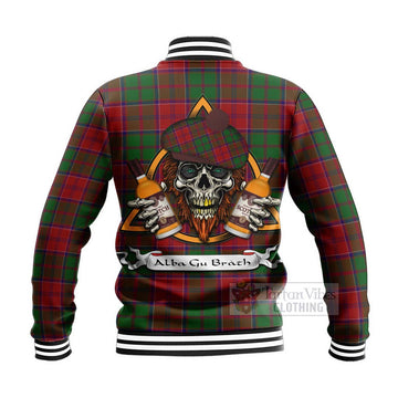 Grant Tartan Baseball Jacket with Family Crest and Bearded Skull Holding Bottles of Whiskey