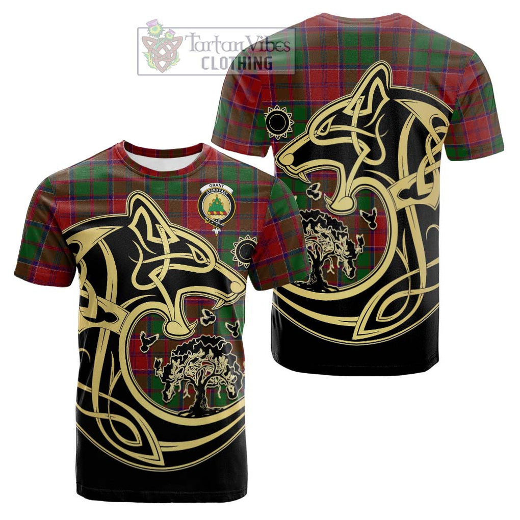 Tartan Vibes Clothing Grant Tartan Cotton T-shirt with Family Crest Celtic Wolf Style