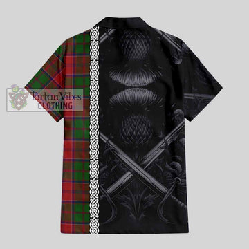 Grant Tartan Short Sleeve Button Shirt with Family Crest Cross Sword Thistle Celtic Vibes