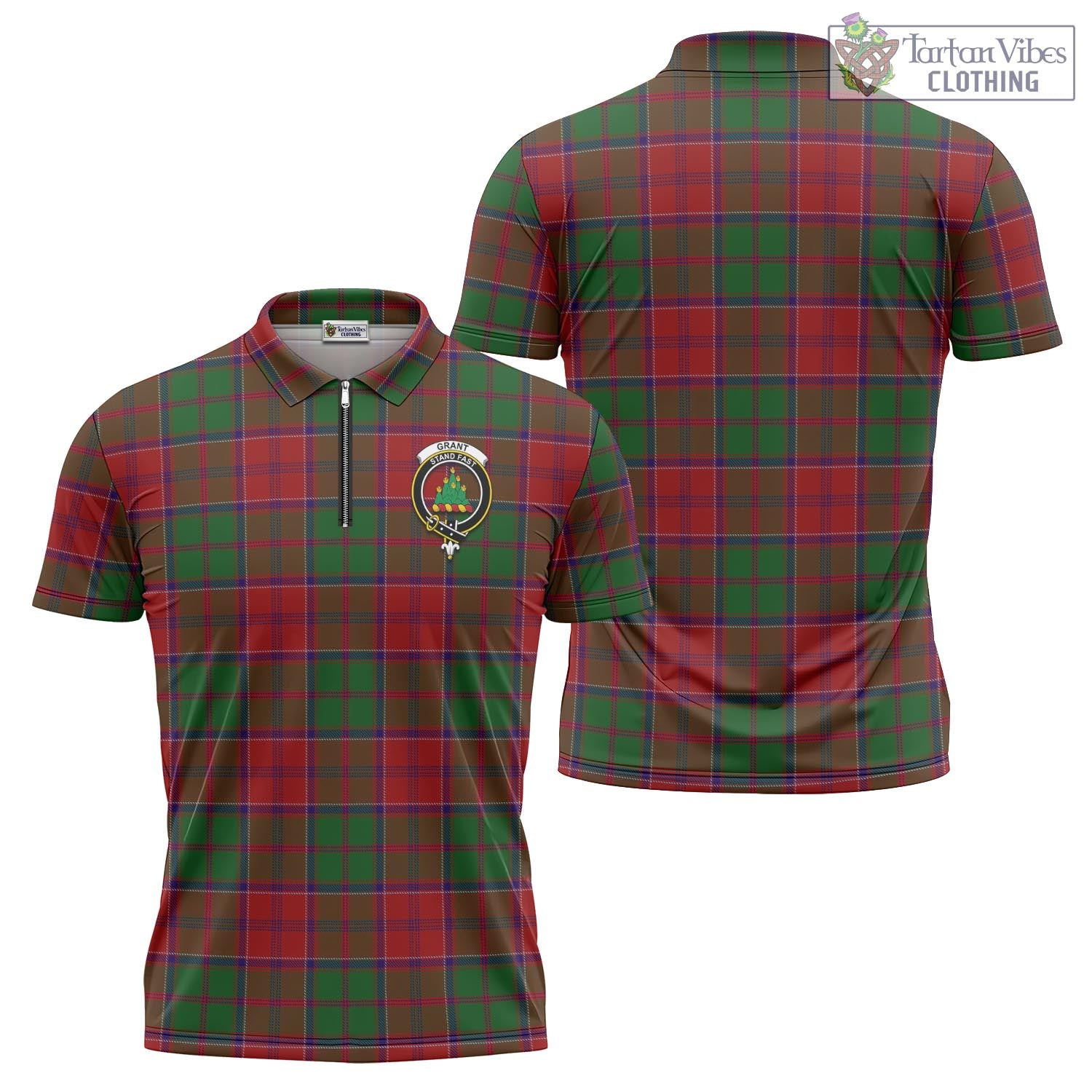 Tartan Vibes Clothing Grant Tartan Zipper Polo Shirt with Family Crest