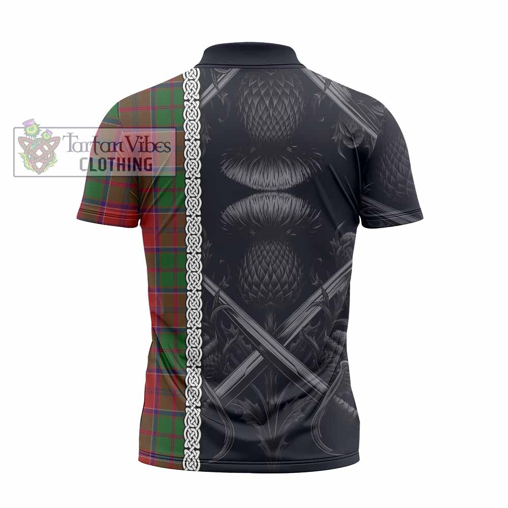 Tartan Vibes Clothing Grant Tartan Zipper Polo Shirt with Family Crest Cross Sword Thistle Celtic Vibes