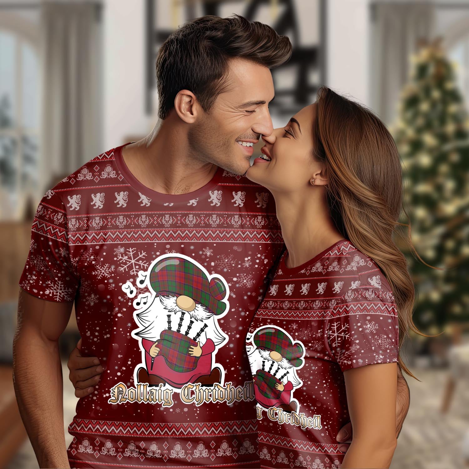 Grant Clan Christmas Family T-Shirt with Funny Gnome Playing Bagpipes Women's Shirt Red - Tartanvibesclothing