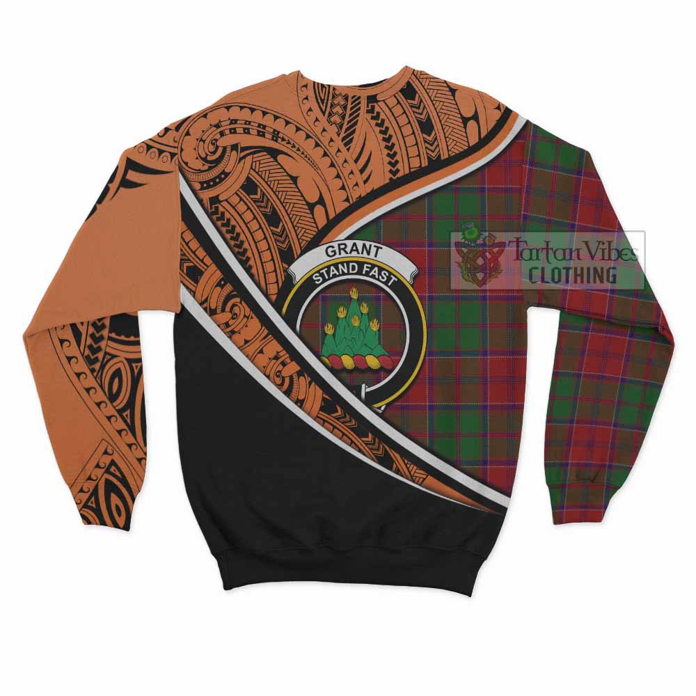 Tartan Vibes Clothing Grant Crest Tartan Sweatshirt with Maori Tattoo Style - Orange Version