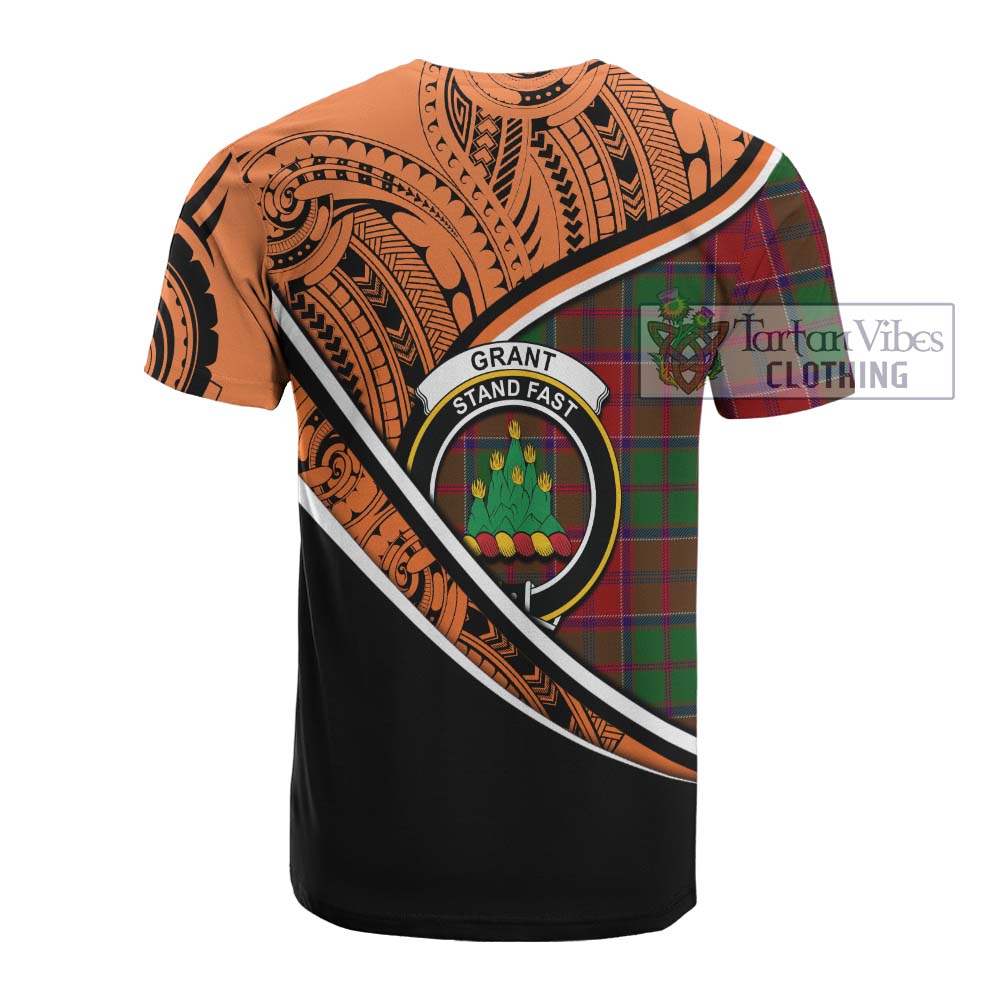 Tartan Vibes Clothing Grant Crest Tartan Cotton T-shirt with Maori Tattoo Style - Orange Version