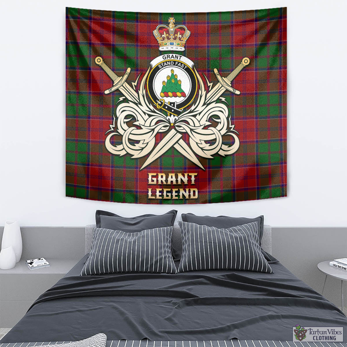 Tartan Vibes Clothing Grant Tartan Tapestry with Clan Crest and the Golden Sword of Courageous Legacy