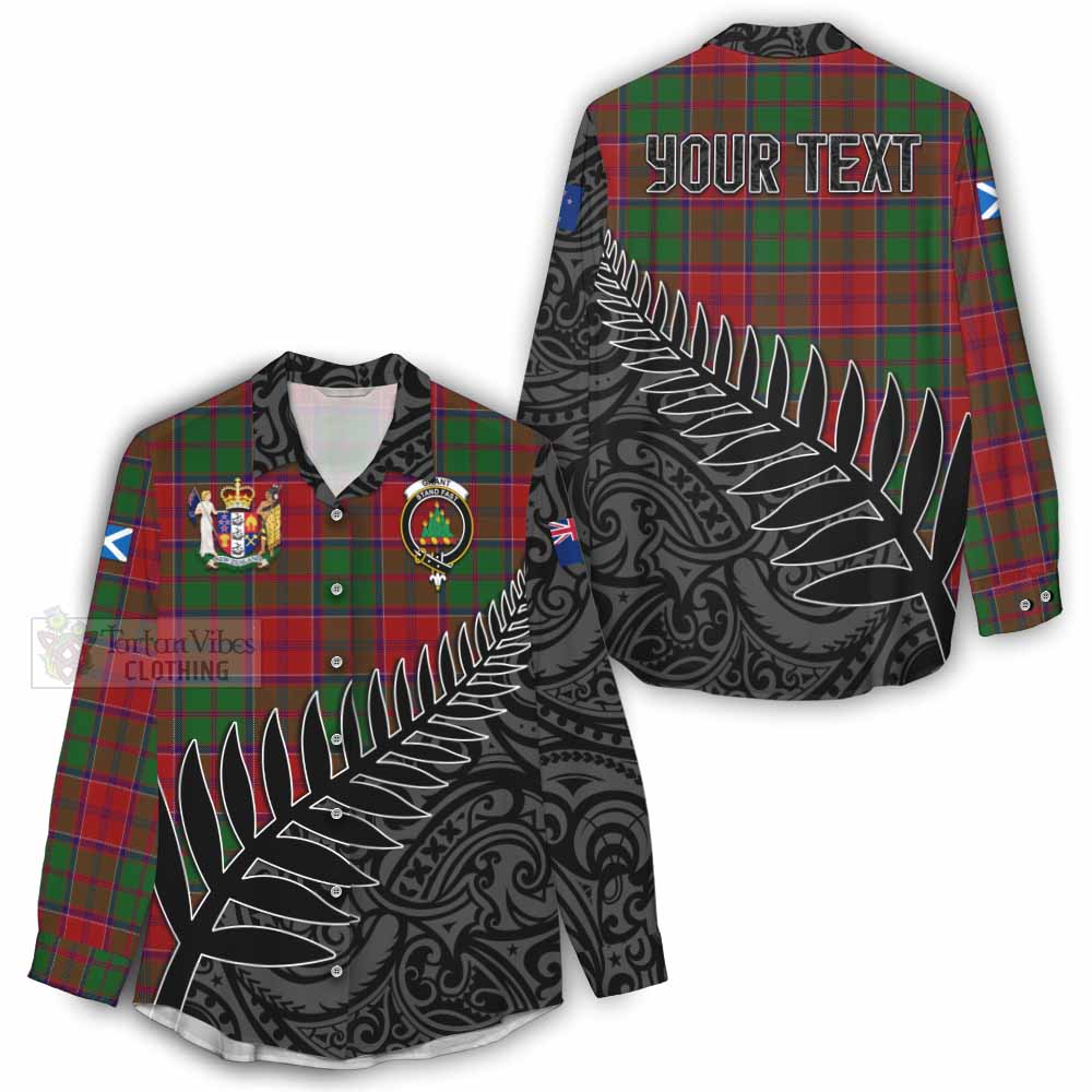 Tartan Vibes Clothing Grant Crest Tartan Women's Casual Shirt with New Zealand Silver Fern Half Style