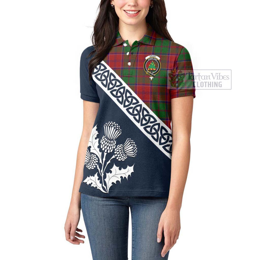 Tartan Vibes Clothing Grant Tartan Women's Polo Shirt Featuring Thistle and Scotland Map