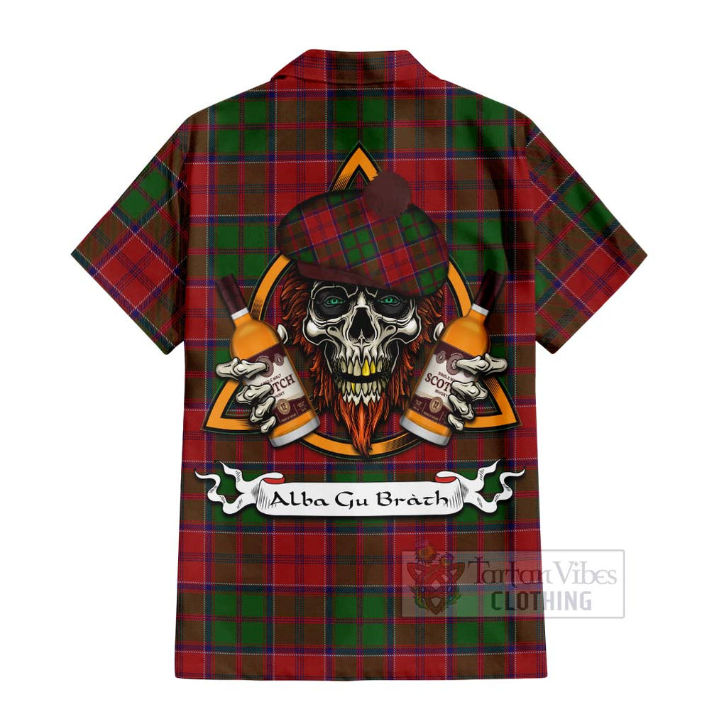 Tartan Vibes Clothing Grant Tartan Short Sleeve Button Shirt with Family Crest and Bearded Skull Holding Bottles of Whiskey