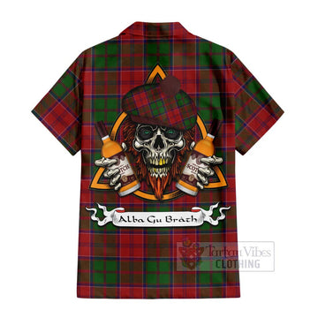 Grant Tartan Short Sleeve Button Shirt with Family Crest and Bearded Skull Holding Bottles of Whiskey