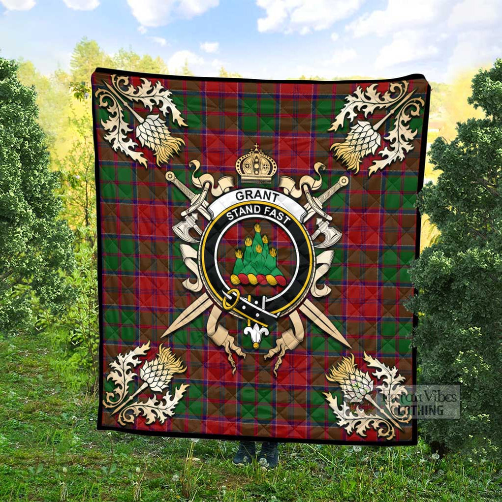 Tartan Vibes Clothing Grant Tartan Quilt with Family Crest and Scottish Golden Courage Shield