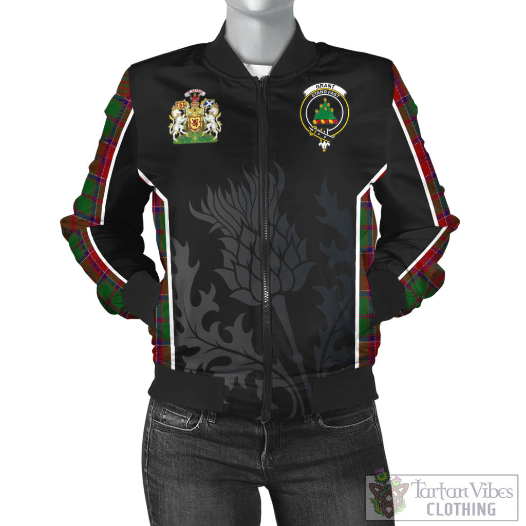 Tartan Vibes Clothing Grant Tartan Bomber Jacket with Family Crest and Scottish Thistle Vibes Sport Style