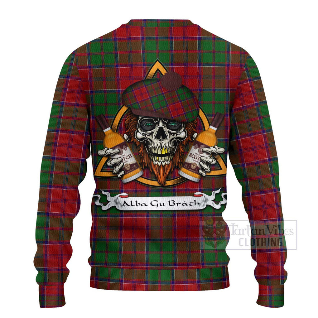 Tartan Vibes Clothing Grant Tartan Knitted Sweater with Family Crest and Bearded Skull Holding Bottles of Whiskey